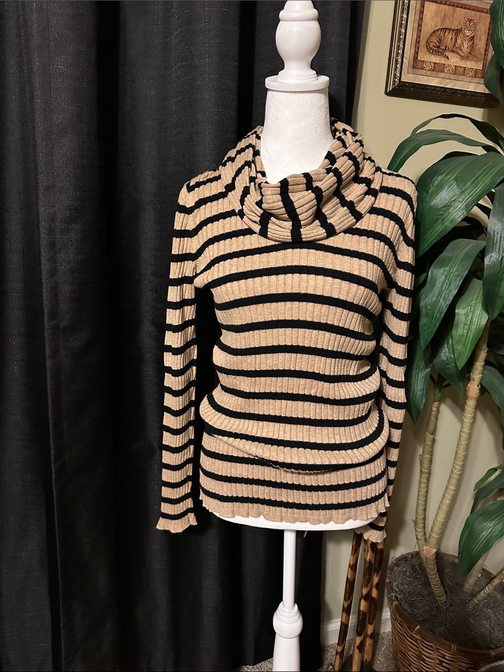 Striped Cowl Neck Sweater in Beige and Black